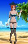  1girl beach breasts female_only garter_belt garter_straps high_resolution layax league_of_legends light-skinned_female light_skin miss_fortune palm_tree panties pirate pussy red_eyes red_hair stockings video_games watermark  rating:questionable score:1 user:layax