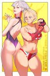  2_girls a.k.i._(street_fighter) ass back-to-back bare_legs bikini blonde_hair border breasts cammy_white cleavage commentary copyright_name earrings english_commentary facial_scar fingerless_gloves fingernails gloves grey_hair high_res jewelry long_fingernails looking_at_another looking_back medium_breasts mole mole_under_mouth multiple_girls navel norasuko official_art one-piece_swimsuit outside_border purple_nails red_lips scale_print scar scar_on_cheek scar_on_face second-party_source short_hair single_vambrace smile standing stomach street_fighter street_fighter_6 swimsuit tassel tassel_earrings thighs udon_entertainment union_jack_bikini union_jack_print vambraces white_border yellow_background  rating:questionable score:2 user:jkf