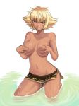 1girl :3 amazon blonde_hair blush breasts collarbone covering covering_breasts dark_skin female kagami_hirotaka kneeling large_breasts looking_at_viewer marguerite miniskirt mound_of_venus navel one_piece red_eyes short_hair solo swimsuit topless water wet rating:Questionable score:6 user:rule35