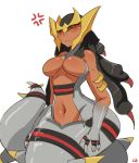  0lightsource 1girl :< anger_vein anthro anthrofied belly big_breasts black_sclera blush breasts dark_skin giratina hair headpiece highres lamia large_breasts long_hair monster_girl navel pokemon red_eyes solo white_background  rating:questionable score:12 user:simspictures