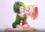 2girls barefoot closed_eyes clothed cosmo_the_seedrian cream_the_rabbit echa4797 french_kiss french_kissing interspecies kissing kneeling saliva sega simple_background sonic_(series) sonic_x yuri rating:Questionable score:10 user:Christianmar762