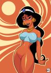 1girl 2014 aladdin_(series) alluring black_hair bottomless brown_eyes disney earrings female female_only hair legs lipstick long_hair naked_from_the_waist_down necklace princess_jasmine pupuliini pussy smile sun rating:Explicit score:42 user:mmay