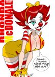 1girl 4_fingers aeolus big_breasts blushing blushing_breasts breasts cleavage clown face_paint genderswap giggles_the_slutty_clown mascots mcdonald's ronald_mcdonald striped_legwear wallpaper rating:Questionable score:83 user:titwank