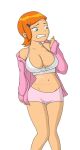  ben_10 big_breasts cartoon_network cleavage clothed green_eyes gwen_tennyson hoodie moshisan nervous open_jacket orange_hair scared short_hair shorts simple_background sports_bra sportswear stockings wide_hips  rating:questionable score:7 user:losttapes219