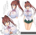 1boy 1girl aebafuti blue_eyes blush bra breasts brown_hair bursting_breasts buttons cleavage erect_nipples hair hair_ribbon highres huge_breasts long_hair looking_at_viewer open_mouth original paizuri paizuri_under_clothes penis ponytail red_hair ribbon see_through skirt smile solo standing text translation_request white_background rating:Explicit score:25 user:Andysouth