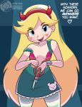1girl 2015 blonde_hair blue_eyes blush breasts dialogue disney dress looking_at_viewer megasweet scissors small_breasts smile solo star_butterfly star_vs_the_forces_of_evil striped striped_legwear text thighhighs torn_clothing very_long_hair rating:Questionable score:43 user:FapRaiser2
