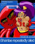 1boy 1girl ambiguous_background areolae blue_eyes breast_grab breasts circlet earrings english_text evilkingtrefle female female_focus groping jewelry male male/female monster navel nipples nude oral_insertion penis_tentacles ponytail purple_hair r!p restrained shantae shantae_(character) shantae_(series) solo_focus squid_baron standing tentacles text tied_hair rating:explicit score:10 user:rico12