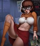 1girl bra clothed female female_only flashing glasses indoors leg_lift looking_at_viewer miniskirt panties scooby-doo short_hair sitting skirt solo sweater_lift thighs upskirt velma_dinkley white_bra white_panties rating:Questionable score:14 user:rogermaris