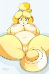 1girl animal_crossing anthro bell big_breasts black_nose blonde_hair blush boxollie breasts brown_eyes canine dog eyelashes fur furry hair hand_on_breast heart isabelle_(animal_crossing) lying mammal navel nintendo nipples nude open_mouth presenting presenting_pussy pussy shih_tzu slightly_chubby spread_legs spreading teeth thick_thighs tongue video_games white_fur yellow_fur rating:Explicit score:14 user:Furry_Love