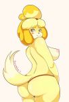1girl animal_crossing anthro ass big_ass big_breasts black_nose blonde_hair blush boxollie breasts brown_eyes canine clothed clothing dog erect_nipples fur furry hair hairband heart isabelle_(animal_crossing) looking_at_viewer looking_back mammal mostly_nude nintendo nipples panties raised_tail shih_tzu simple_background smile standing tail topless underwear video_games white_background white_fur yellow_fur rating:Explicit score:14 user:Furry_Love
