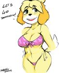 1girl 2016 animal_crossing anthro big_breasts blush breasts canine cleavage clothed clothing dialogue dog english_text furry green_eyes isabelle_(animal_crossing) mammal nintendo noodle-lu open_mouth smile swimsuit text video_games white_background rating:Questionable score:8 user:Furry_Love