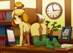 1girl all_fours animal_crossing anthro ass bent_over black_eyes blonde_hair blush breasts canine clock clothed clothing desk dog fur furry hair isabelle_(animal_crossing) jizzpope legwear looking_at_viewer looking_back mammal nintendo on_desk presenting presenting_hindquarters pussy raised_tail rear_view socks tail topless video_games yellow_fur rating:Explicit score:15 user:Furry_Love