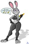 1girl anthro cameltoe carrot clothed clothing dialogue dildo disney drunkengeneral english_text food fur furry gloves grey_fur hand_on_hip high_res judy_hopps lagomorph mammal penis purple_eyes pussy rabbit rubber sex_toy shiny simple_background smile speech_bubble standing text vegetable wide_hips zootopia rating:Questionable score:10 user:Furry_Love