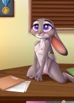 1girl 2016 anthro belly blush breasts chest_tuft claws desk disney folder furry judy_hopps kneel lagomorph mammal medal midriff navel nipples nude paper purple_eyes pussy rabbit rika_(artist) small_breasts smile spread_legs spreading tuft zootopia rating:Explicit score:15 user:Furry_Love