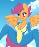 2014 5:6 anthro anthrofied big_breasts breasts cleavage clothed clothing cloud deviousskull digital_media_(artwork) equid equine female friendship_is_magic hasbro hi_res horse mammal my_little_pony non-nude open_mouth pony scootaloo scootaloo_(mlp) seductive solo spread_legs spreading teen uniform wings wonderbolts wonderbolts_(mlp) young rating:Questionable score:16 user:unknowmoney23