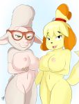 1girl 2016 animal_crossing anthro belly big_breasts breast_squish breasts crossover dawn_bellwether disney duo eyewear featureless_crotch furry glasses green_eyes half-closed_eyes hand_behind_back hand_on_breast highres huge_breasts isabelle_(animal_crossing) looking_at_viewer midriff navel nintendo nipples nude open_mouth scrabble007 simple_background smile video_games white_background zootopia rating:Explicit score:6 user:Furry_Love