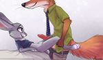 1girl anthro aseethe bed canine clothed clothing disney duo fox furry imminent_sex judy_hopps lagomorph lying male mammal nick_wilde penis purple_eyes rabbit standing testicles zootopia rating:Explicit score:7 user:Furry_Love
