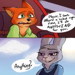 1girl anthro canine car clothed clothing comic dialogue disney duo english_text fluttercups fox furry green_eyes judy_hopps lagomorph male mammal nick_wilde purple_eyes rabbit speech_bubble suggestive text vehicle zootopia rating:Explicit score:8 user:Furry_Love