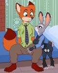 1girl 2016 anthro bulge canine clothed clothing disney fox fur furry hair high_res judy_hopps lagomorph male mammal nick_wilde rabbit sitting skidd smile zootopia rating:Explicit score:12 user:Furry_Love