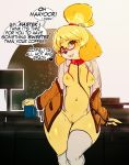 1girl 2016 absurd_res animal_crossing anthro areola avante92 belly blonde_hair blush bottomless breasts brown_eyes canine clothed clothing collar cup dialogue dog english_text eyewear furry glasses hair heart highres isabelle_(animal_crossing) leash legwear looking_at_viewer mammal midriff navel nintendo nipples open_mouth pussy pussy_juice shih_tzu short_hair text video_games rating:Explicit score:23 user:Furry_Love