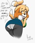 2016 animal_crossing anthro ass big_ass big_breasts breasts canine dialogue dog english_text furry heart isabelle_(animal_crossing) looking_back mammal nintendo noodle-lu smile speech_bubble tailwag text video_games rating:Explicit score:11 user:Furry_Love