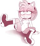 1girl 1girl amy_rose anthro blush boots breasts clenched_teeth clothing eyelashes footwear furry gloves hair hairband half-closed_eyes hearlesssoul hedgehog mammal monochrome navel nipples pussy raised_leg sega simple_background sitting spreading sweat teeth rating:Explicit score:15 user:Furry_Love