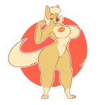  1girl 2017 anthro areola big_breasts breasts canine dog furry komponi mammal navel nipples nude pussy red_eyes smile  rating:explicit score:4 user:furry_love