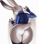  1girl 1girl against_wall anthro ass big_ass bottomless clothed clothing cosplay disney fur furry judy_hopps lagomorph legwear looking_at_viewer looking_back mammal police_outfit rabbit rear_view rhodesio shirt simple_background slim stockings wide_hips zootopia  rating:explicit score:27 user:furry_love