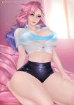  1girl alternate_version_at_source big_breasts blue_eyes breast_press breasts cleavage female_only grin k/da_all_out_series k/da_series league_of_legends looking_at_viewer navel on_bed patreon pink_background pink_hair purple_hair riarfian see-through_clothing see-through_top seraphine_(league_of_legends) shiny_hair shiny_skin shorts solo_female thick_thighs  rating:questionable score:2 user:riarfian