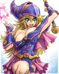 1girl amania_orz bare_shoulders big_breasts blonde_hair breasts cleavage dark_magician_girl duel_monster gradient_background green_eyes hat long_hair magic open_mouth staff wizard_hat yu-gi-oh! yuu-gi-ou_duel_monsters rating:Questionable score:23 user:Bahamut505