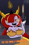 big_breasts breasts cleavage covered_nipples deviantart ellissummer hair_over_one_eye half-closed_eyes hekapoo mother-of-trolls scissors smile star_vs_the_forces_of_evil watermark rating:questionable score:4 user:sexydude