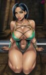  1girl alluring athletic_female bare_legs big_breasts black_hair breasts cleavage ed_product female_abs fit_female green_eyes jade_(mortal_kombat) kneel looking_at_viewer midway_games mortal_kombat mortal_kombat_armageddon mortal_kombat_deception  rating:questionable score:2 user:calum1998