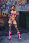 1girl big_breasts boobsgames high_heels huge_breasts jean_shorts looking_away muscle muscular nipples outside ripped_clothing short_hair standing stockings rating:Explicit score:15 user:clickbutt