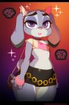 1girl 1girl 2018 anthro buckteeth choker clothed clothing comic dialogue disney doxy ears_down english_text fingerless_gloves flat_chested fur furry gloves grey_fur half-closed_eyes judy_hopps lagomorph lipstick makeup mammal midriff miniskirt open_mouth purple_eyes purse rabbit skimpy skirt sweat teeth text thick_thighs wide_hips zootopia rating:Explicit score:6 user:Furry_Love