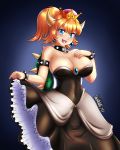  big_breasts bowser bowsette breasts cleavage danmakuman female smile solo super_mario_bros.  rating:questionable score:7 user:shadowking11