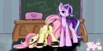 2_girls 2girls anus ass ball_gag classroom cutie_mark equine_anus equine_pussy female female_only female_pegasus female_unicorn fluttershy fluttershy_(mlp) friendship_is_magic horn looking_back my_little_pony pastel_(artist) pony presenting_hindquarters pussy spreader_bar starlight_glimmer starlight_glimmer_(mlp) tail top-down_bottom-up unicorn wings yuri  rating:explicit score:2 user:saturnathegam