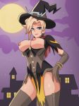 1girl activision adapted_costume angela_ziegler big_breasts blizzard_entertainment blonde_hair blue_eyes breasts breasts_outside corset earrings elbow_gloves eyeshadow gloves hand_on_hip leggings looking_at_viewer mercy_(overwatch) night nipples overwatch pumpkin_earrings shablagooo witch witch_hat witch_mercy_(overwatch)