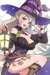 1girl alluring alternate_costume bare_legs big_breasts breasts cleavage collarbone commentary corrin_(fire_emblem) corrin_(fire_emblem)_(female) earrings female_only fire_emblem fire_emblem_fates fire_emblem_heroes gonzarez halloween halloween_costume hat high_res jewelry lantern long_hair looking_at_viewer nintendo official_alternate_costume open_mouth pointy_ears red_eyes smile witch witch_hat