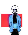 1boy 2010s 2018 2d 2d_(artwork) animated_skeleton belly blue_belly blue_body clothed clothing digital_media_(artwork) ectobelly ectobody exposed_belly hands_in_pockets hooded_jacket hoodie jacket looking_at_viewer male male_only midriff misake-san monster sans sans_(undertale) simple_background skeleton two-tone_background undead undertale undertale_(series) video_game_character video_games white_background