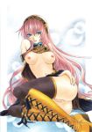  1girl ass bad_id blue_eyes blue_nails boots breasts censored headphones knee_boots large_breasts legs long_hair luka_megurine megurine_luka nail_polish navel nipples open_clothes pink_hair pussy pussy_juice sitting smile solo thighhighs traditional_media trimcolor vocaloid 