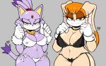  2girls a1x1az absurd_res anthro areola big_breasts black_bra black_clothing black_panties black_underwear blaze_the_cat blush blush_lines bodily_fluids bra bra_strap breasts brown_eyeshadow cameltoe cat_panties choker cleavage clothed clothing clothing_grab curvy_figure dipstick_ears dipstick_tail domestic_cat duo embarrassed eyelashes felid feline felis female female_only floppy_ears fur gloves grey_background hair handwear head_tuft high_res jewelry lace_bra lace_panties lagomorph leporid long_ears long_eyelashes looking_at_viewer lop_ears mammal markings mature_anthro mature_female multicolored_ears narrowed_eyes navel necklace nipple_outline nipples orange_body orange_fur orange_hair panties purple_areola purple_body purple_fur purple_nipples rabbit sega side-tie_panties simple_background smile sonic_the_hedgehog_(series) sweat sweatdrop tail tail_markings tan_body tan_fur thick_thighs translucent translucent_bra translucent_clothing translucent_panties translucent_underwear tuft underwear vanilla_the_rabbit voluptuous white_body white_bra white_clothing white_fur white_gloves white_handwear white_panties white_underwear wide_hips yellow_eyes 