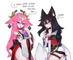 2girls absurd_res ahri_(league_of_legends) animal_ear_fluff animal_ears animification big_breasts black_hair blush braid breasts brown_eyes crossover detached_sleeves disgust english_text fox_ears fox_girl fox_tail frown genshin_impact hair_between_eyes halter_shirt halterneck high_res i_think_we&#039;re_gonna_have_to_kill_this_guy_steven_(meme) japanese_clothes kimono league_of_legends medium_breasts meme mizah_(mizah) multiple_girls pink_hair purple_eyes red_kimono red_skirt riot_games skirt tail trait_connection white_background yae_miko