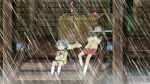 3girls blue_hair multiple_girls nichijou rain raining school_uniform schoolgirl sitting steps