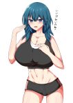 1girl alluring alternate_breast_size athletic_female bangs big_breasts blue_eyes byleth_(fire_emblem) byleth_(fire_emblem)_(female) cleavage collarbone eyebrows_visible_through_hair female_abs fire_emblem fire_emblem:_three_houses fit_female front_view japanese_text light-skinned_female light_skin light_xion long_hair looking_at_viewer midriff nintendo open_mouth shorts simple_background smile sports_bra sportswear standing straight_hair sweat sweatdrop teal_hair text translation_request white_background