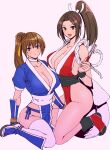 2_girls alluring big_breasts breasts brown_eyes brown_hair choker cleavage crossover dead_or_alive dead_or_alive_2 dead_or_alive_3 dead_or_alive_4 dead_or_alive_5 dead_or_alive_6 dead_or_alive_xtreme dead_or_alive_xtreme_2 dead_or_alive_xtreme_3_fortune dead_or_alive_xtreme_beach_volleyball dead_or_alive_xtreme_venus_vacation fatal_fury female_focus female_only hair_ribbon hand_fan high_res holding holding_fan iwamoto_eiri iwamotobusta kasumi kasumi_(doa) king_of_fighters kneel long_hair looking_at_viewer mai_shiranui matching_hair/eyes multiple_girls naked_under_clothes ninja no_bra no_panties no_underwear nude_underneath open_mouth pelvic_curtain ponytail ribbon shiranui_mai short_sleeves sideboob sitting sleeveless smile snk stockings tecmo trait_connection white_choker white_thighhighs yellow_ribbon