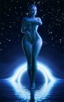  alien alien_girl alien_humanoid bald_woman big_hips blue_skin covering_breasts looking_at_viewer mass_effect night night_sky no_hair nude nude_female starry_background starry_sky 