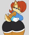  1girl a1x1az anthro archie_comics ass big_ass big_breasts black_bottomwear black_clothing black_shorts blue_clothing blue_eyes blue_topwear blush blush_lines bodily_fluids bottomwear bracelet breasts brown_body brown_fur brown_hair cheek_tuft chipmunk clothing dat_ass eyelashes facial_tuft female fur gloves grey_background ground_squirrel hair handwear high_res huge_ass jewelry looking_back mammal narrowed_eyes rear_view rodent sally_acorn sciurid sega shorts simple_background solo sonic_the_hedgehog_(archie) sonic_the_hedgehog_(comics) sonic_the_hedgehog_(series) sweat sweatdrop tan_body tan_fur thick_thighs topwear tuft white_clothing white_gloves white_handwear wide_hips 