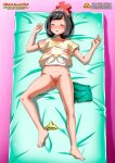  1girl arms_up ass bare_arms bare_ass bare_legs bare_shoulders bare_thighs barefoot bbmbbf bed bed_sheet bedroom belly belly_button black_hair blush bottomless bottomless_female clitoris closed_eyes cute female female_focus female_human female_only female_solo foot game_freak green_pants half-dressed half_naked moon moon_(pokemon) nintendo no_panties no_pants open_mouth palcomix panties pants pants_removed pietro&#039;s_secret_club pokemon pokemon_(game) pokemon_sm pokemon_sun_&amp;_moon purple_background pussy shiny shiny_hair short_hair short_sleeves shorts sleeping solo_female stomach thick_thighs thighhighs thighs tongue white_shirt 