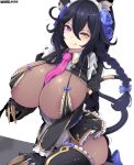  1girl 1girl 1girl 2020 :q animal_ear_fluff animal_ears areola_slip artist_name between_breasts black_clothing black_hair blue_rose bodysuit bow braid breasts bursting_breasts cat_ears cat_tail catgirl claws clothed clothing dated ddangbi female_only flower frills garter_straps gloves hair_between_eyes hair_flower hair_ornament hair_ribbon heterochromia high_res huge_breasts large_areolae last_origin licking licking_lips long_hair looking_at_viewer maid maid_headdress neck_tie necktie_between_breasts poi_(last_origin) purple_eyes ribbon rose see-through sitting stockings tail thick_thighs thighs tied_hair very_long_hair watermark yellow_eyes 