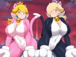  1girl 2022 2_girls alluring alternate_costume animal_hands artist_logo artist_signature big_breasts blonde_hair blue_eyes bowser&#039;s_fury cat_costume cat_ears cat_peach cat_rosalina cat_suit cleavage clothed clothed_female crown female_only hair_over_one_eye high_res hips kaos_art kneel long_hair looking_at_viewer mario_(series) nintendo outside paw_gloves paws png princess princess_peach red_sky rosalina royalty slim_waist super_bell super_mario_3d_world tail tail_accessory thick_thighs thighs very_high_resolution wide_hips 